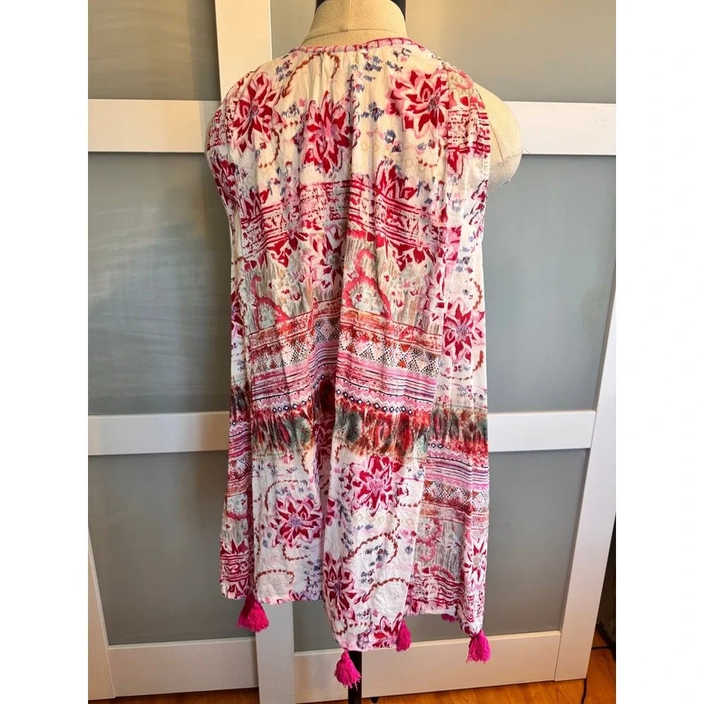 Bohemian Pink Floral Tassel Hem Sleeveless Tunic Top Mini Dress xS